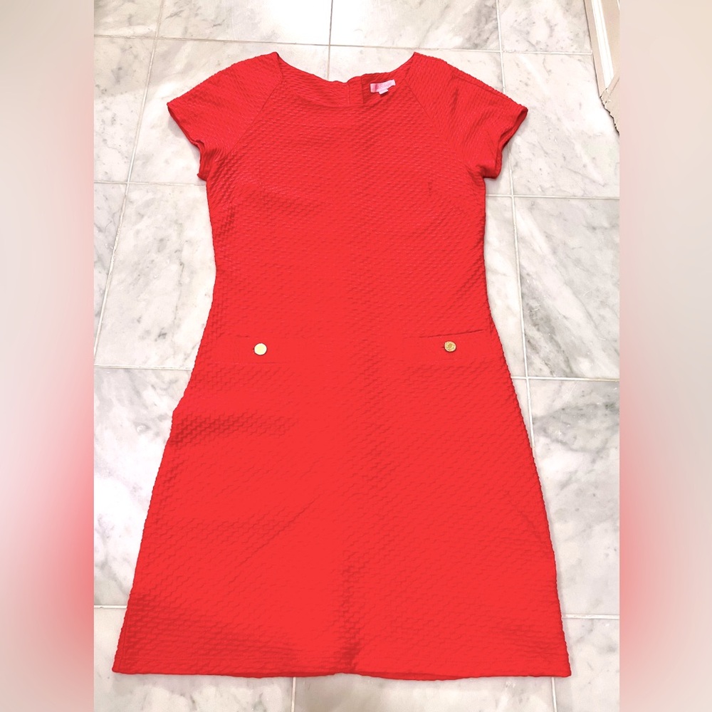 Lilly Pulitzer Coral-Red Textured Midi Dress with Gold Buttons